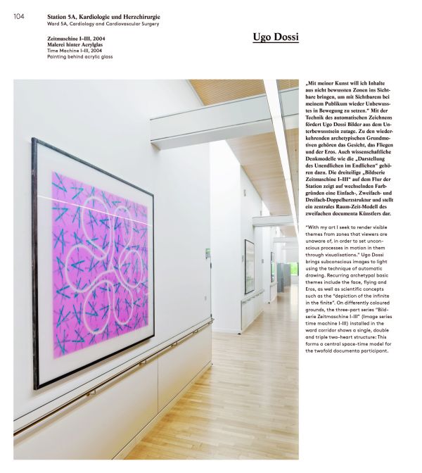 Painting of tree twigs and leaves in blue, on white cover of 'Healing Art, How art in hospitals promotes healing', by Avedition Gmbh.