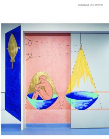 Painting of tree twigs and leaves in blue, on white cover of 'Healing Art, How art in hospitals promotes healing', by Avedition Gmbh.