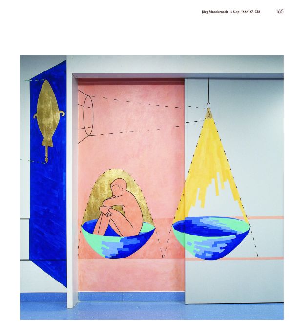 Painting of tree twigs and leaves in blue, on white cover of 'Healing Art, How art in hospitals promotes healing', by Avedition Gmbh.