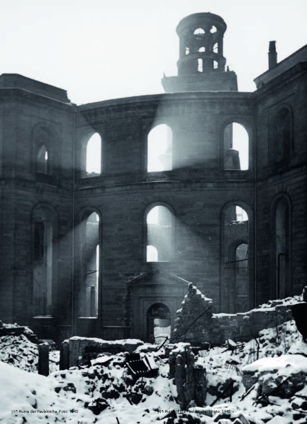 High angle shot on interior hall of Paulskirche with yellow filter, on cover of 'Paulskirche, A Political Story of Architecture', by Avedition Gmbh.