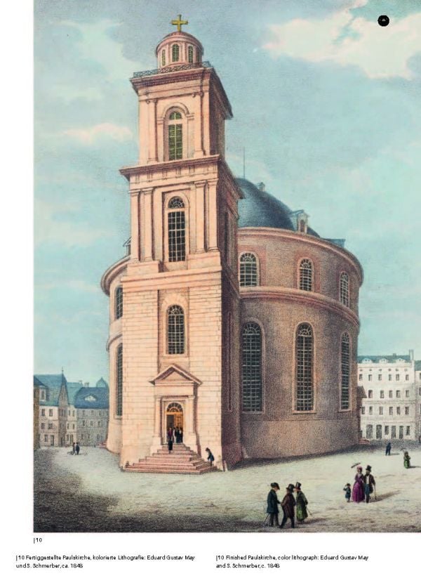 High angle shot on interior hall of Paulskirche with yellow filter, on cover of 'Paulskirche, A Political Story of Architecture', by Avedition Gmbh.