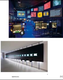 Exhibition space with individual box like objects on platforms, on white cover of 'new exhibition design 03', by Avedition Gmbh.