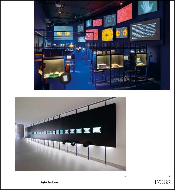 Exhibition space with individual box like objects on platforms, on white cover of 'new exhibition design 03', by Avedition Gmbh.