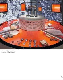 Exhibition space with individual box like objects on platforms, on white cover of 'new exhibition design 03', by Avedition Gmbh.