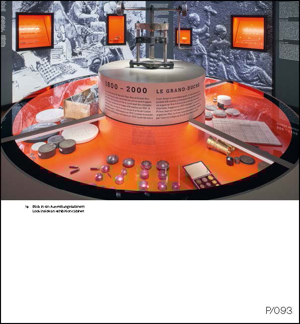 Exhibition space with individual box like objects on platforms, on white cover of 'new exhibition design 03', by Avedition Gmbh.