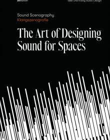 White diagonal lines on black cover of 'Sound Scenography The Art of Designing Sound for Spaces', by Avedition Gmbh.