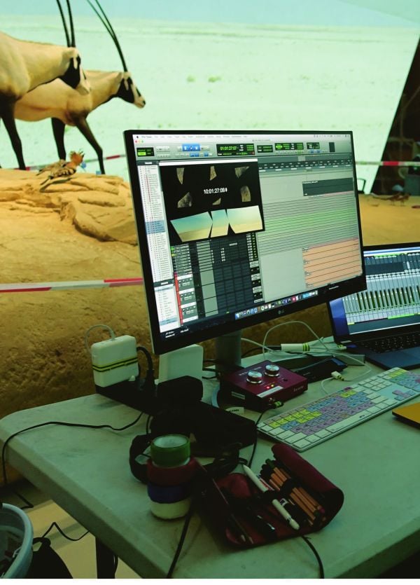 White diagonal lines on black cover of 'Sound Scenography The Art of Designing Sound for Spaces', by Avedition Gmbh.