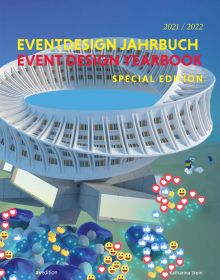 White architectural building with emojis of hearts, smiley faces, thumbs up and clapping hands, on cover of 'Event Design Yearbook, Special Edition', by Avedition Gmbh.