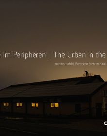 Long building with illuminated windows, under dark moody sky, on cover of 'The Urban in the Periphery, European Architectural Photography Prize 2021', by Avedition Gmbh.