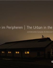 Long building with illuminated windows, under dark moody sky, on cover of 'The Urban in the Periphery, European Architectural Photography Prize 2021', by Avedition Gmbh.