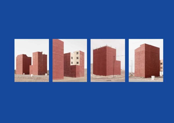 Rows of pale pink chairs with one replaced by orange and white striped traffic cone, on cover of 'Provisorium / Stopgap, European Architectural Photography Prize 2023', by Avedition.