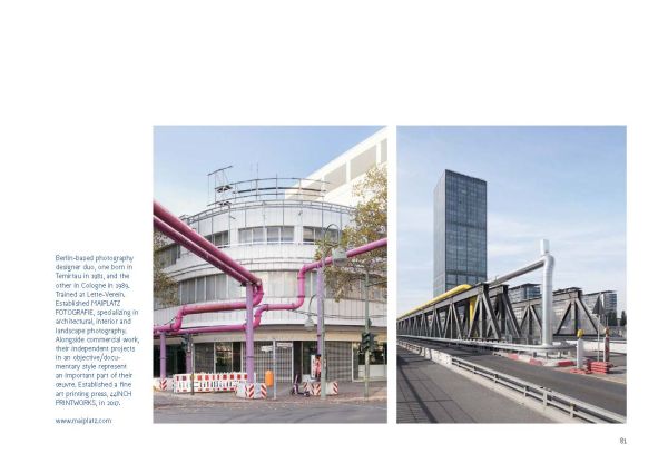 Rows of pale pink chairs with one replaced by orange and white striped traffic cone, on cover of 'Provisorium / Stopgap, European Architectural Photography Prize 2023', by Avedition.