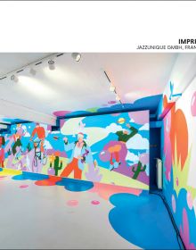 Book cover of Experience & Event Design 2023 / 2024, with exhibition space with people looking up at blue lights and umbrellas. Published by Avedition.