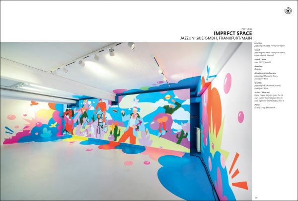 Book cover of Experience & Event Design 2023 / 2024, with exhibition space with people looking up at blue lights and umbrellas. Published by Avedition.