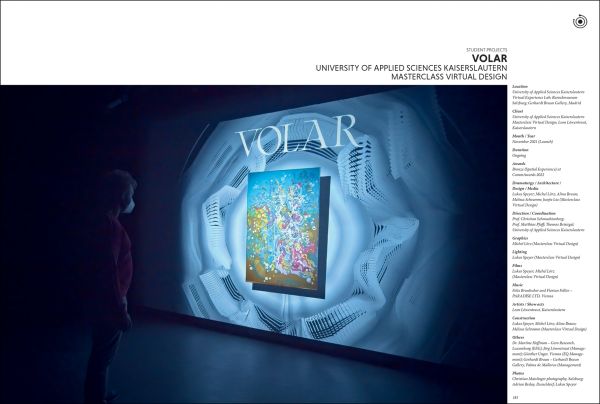 Book cover of Experience & Event Design 2023 / 2024, with exhibition space with people looking up at blue lights and umbrellas. Published by Avedition.