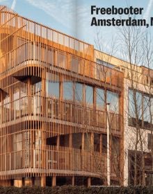 Wood framed building behind title text on cover of 'Sustainable Architecture & Design 2023 / 2024', by Avedition.