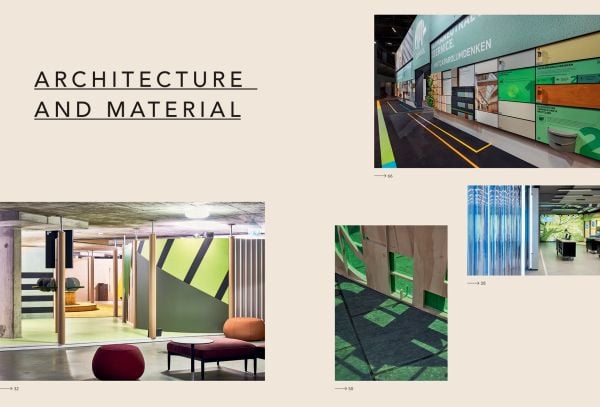 Book cover of Brand Experience & Trade Fair Design Annual 2023/24, with an interior of design exhibition with tropical foliage and metal tubes descending from above. Published by Avedition Gmbh.