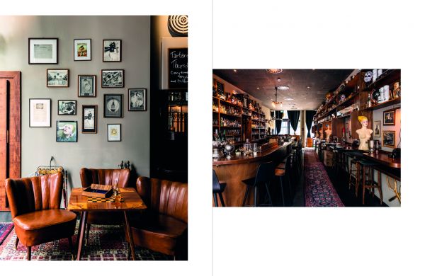 Book cover of Mixing Cosmopolitans, The Pouring Tales, with yellow outlines of cocktail glasses with stirrers and shakers. Published by Alambic Books.