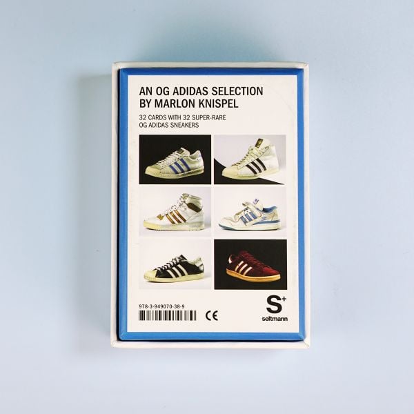 Book cover of True Originals: Quartets and top trumps, with a white adidas sneaker with blue stripes. Published by Seltmann Publishers.