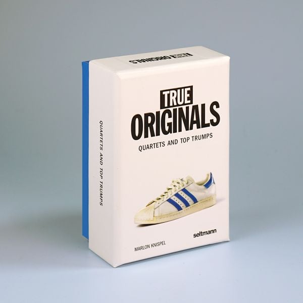 Book cover of True Originals: Quartets and top trumps, with a white adidas sneaker with blue stripes. Published by Seltmann Publishers.