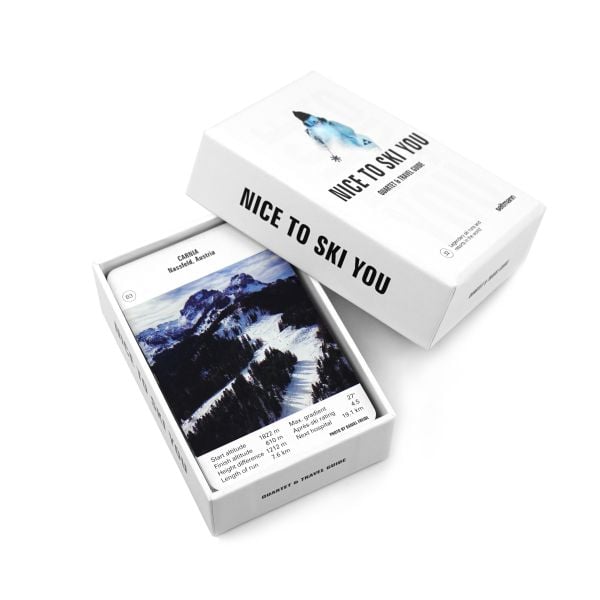 Box cover of Nice To Ski You: Quartet & Travel Guide, featuring a skier moving down the slopes at speed. Published by Seltmann Publishers.