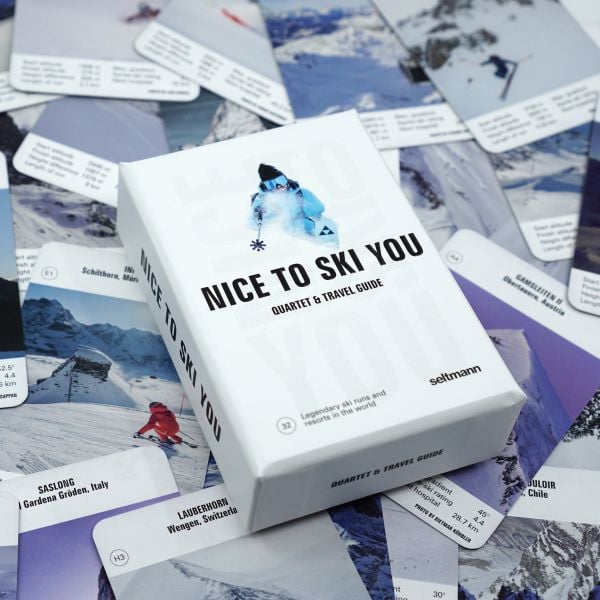 Box cover of Nice To Ski You: Quartet & Travel Guide, featuring a skier moving down the slopes at speed. Published by Seltmann Publishers.