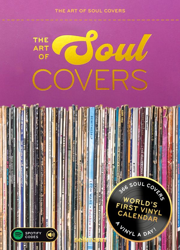 Calendar cover of The Art of Soul Covers, with a shelf of vinyl records. Published by Seltmann Publishers.