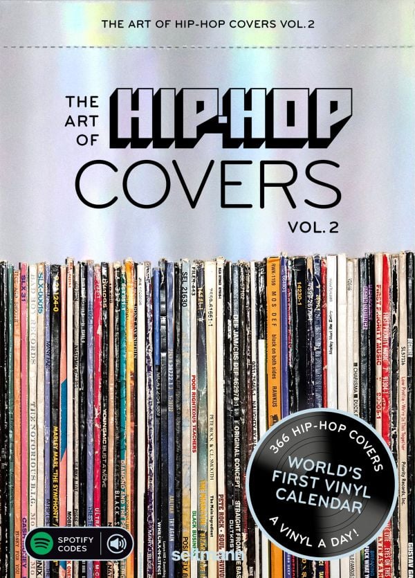 Calendar cover of The Art of Hip Hop Covers Vol. 2, with a shelf of vinyl records. Published by Seltmann Publishers.