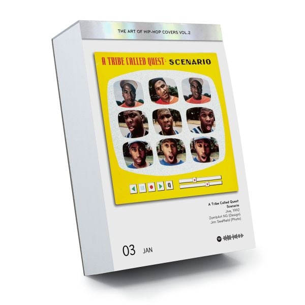 Calendar cover of The Art of Hip Hop Covers Vol. 2, with a shelf of vinyl records. Published by Seltmann Publishers.