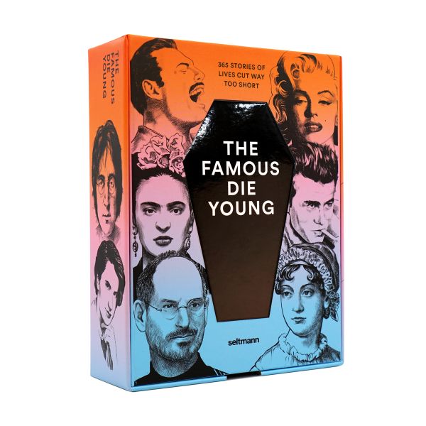 Calendar cover of The Famous Die Young; featuring stars who have passed away young, including Freddie Mercury. Published by Seltmann Publishers.