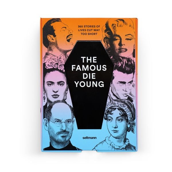 Calendar cover of The Famous Die Young; featuring stars who have passed away young, including Freddie Mercury. Published by Seltmann Publishers.