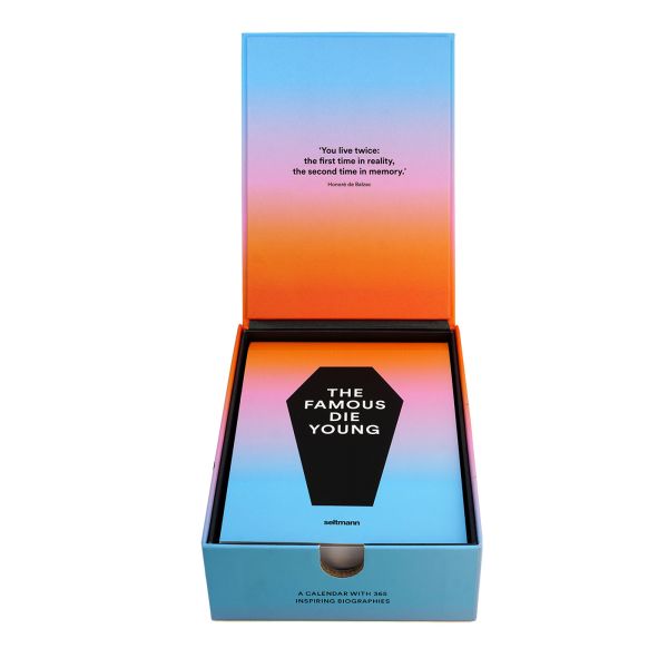 Calendar cover of The Famous Die Young; featuring stars who have passed away young, including Freddie Mercury. Published by Seltmann Publishers.