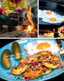 Iron pot of food cooking over fire, on cover of 'Outdoor Cooking, The Petromax Cookbook', by HEEL.