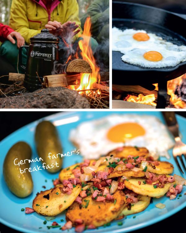 Iron pot of food cooking over fire, on cover of 'Outdoor Cooking, The Petromax Cookbook', by HEEL.