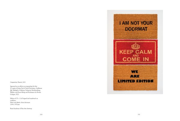 Book cover of Guillaume Bijl: Multiples & Editions, with three doormats with slogans. Published by Hopper&Fuchs.