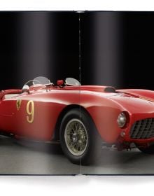 Red book cover of Michael Köckritz's The Ferrari Book: Passion for Design, featuring a 1953 Red Ferrari 375 MM Spider, with number 9 in yellow on bonnet. Published by teNeues Books.