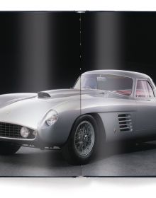 Red book cover of Michael Köckritz's The Ferrari Book: Passion for Design, featuring a 1953 Red Ferrari 375 MM Spider, with number 9 in yellow on bonnet. Published by teNeues Books.