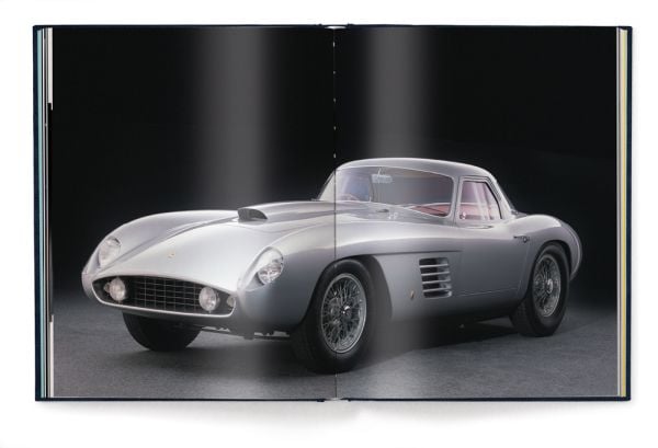 Book cover of Michael Köckritz's The Ferrari Book: Passion for Design, featuring a 1953 Red Ferrari 375 MM Spider, with number 9 in yellow on bonnet. Published by teNeues Books.