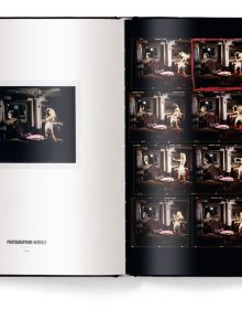 Contact sheet of blonde actress during film, on black cover, 'DAVID DREBIN BEFORE THEY WERE FAMOUS', in gold font above.