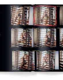 Contact sheet of blonde actress during film, on black cover, 'DAVID DREBIN BEFORE THEY WERE FAMOUS', in gold font above.