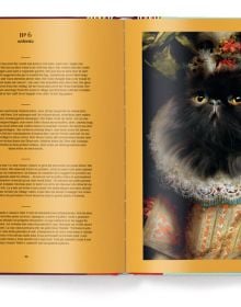 Pale fur cat wearing red jacket, navy cover, 'CAT', in gold font above, by teNeues Books.