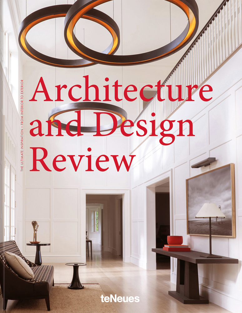Book cover of Architecture and Design Review: The Ultimate Inspiration - From Interior to Exterior, with an interior room with large painting on wall, and modern light fittings. Published by teNeues Books.