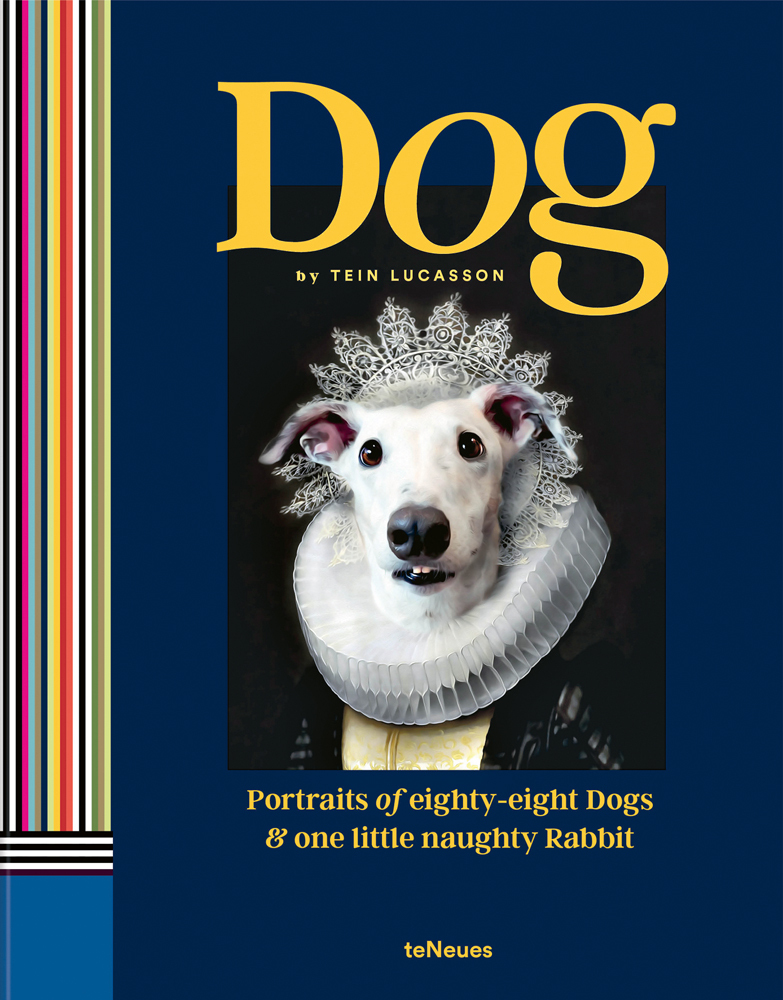 Book cover of Dog: Portraits of Eighty-Eight Dogs and One Little Naughty Rabbit, featuring a white whippet in white ruff collar. Published by teNeues Books.