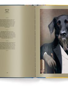 White whippet dog in white ruff collar with cream lace, 'Dog', in gold font above, by teNeues Books.