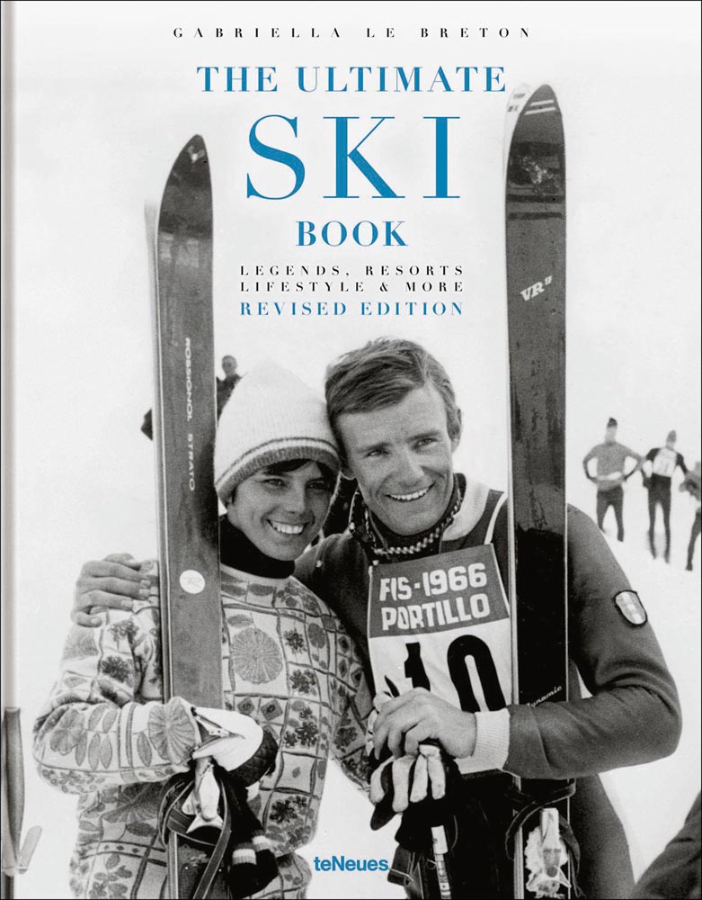 Former World Cup alpine ski racer Andreas Wenzel, with female skier, on cover of 'The Ultimate Ski Book', by teNeues Books.