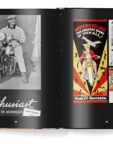 Book cover of The Harley-Davidson Book - Refueled, featuring a biker on Harley Davidson, riding through desert landscape with rocky mountains behind. Published by teNeues Books.
