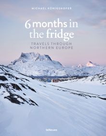 Serene snow covered Scandinavian mountain landscape with pink tinged sky, '6 months in the fridge', in white font above, by teNeues Books.