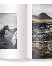 Serene snow covered Scandinavian mountain landscape with pink tinged sky, '6 months in the fridge', in white font above, by teNeues Books.