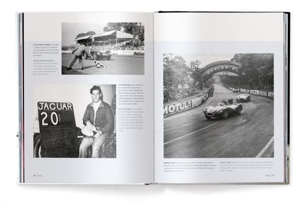 Book cover of The Jaguar Book, featuring a cream Jaguar XK140 classic sports car with spoke wheels. Published by teNeues Books.