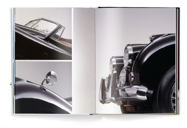 Book cover of The Jaguar Book, featuring a cream Jaguar XK140 classic sports car with spoke wheels. Published by teNeues Books.